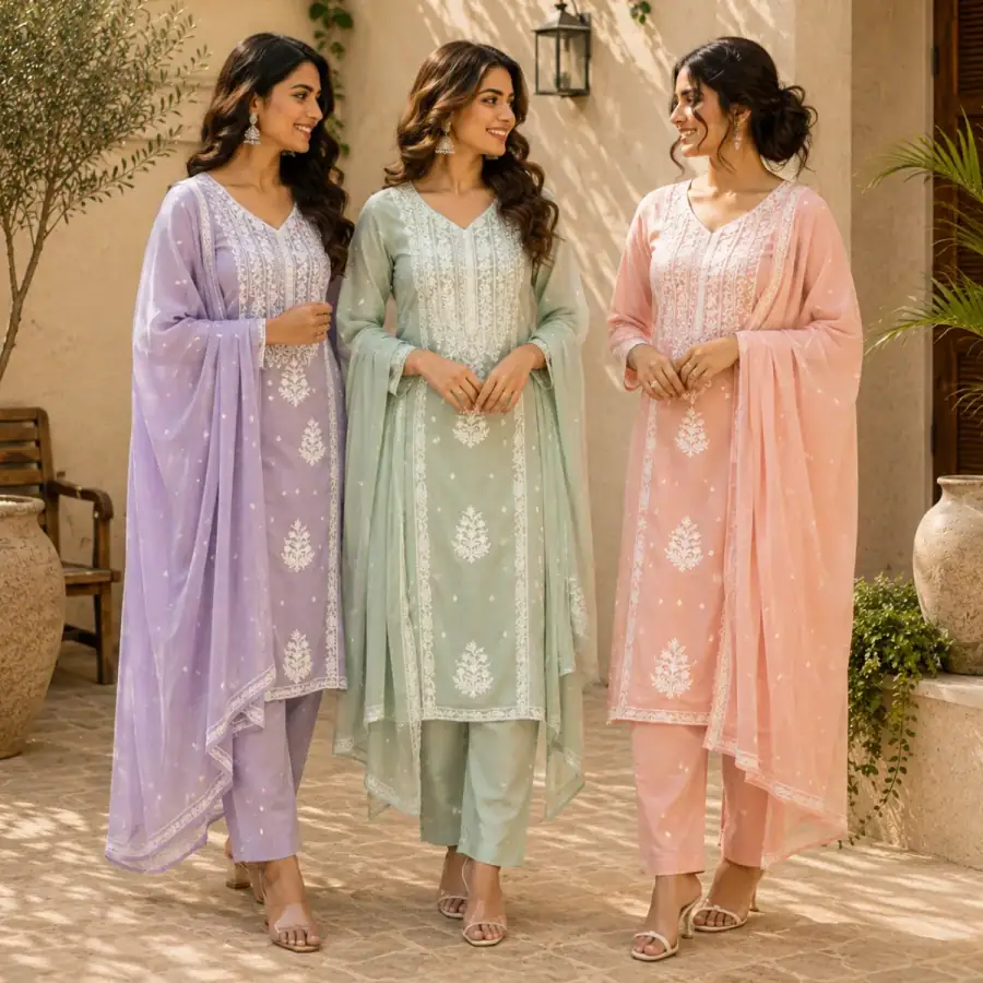 3 Women's Embroidered Kurta Set with Dupatta ( E9 ) in As shown in photos