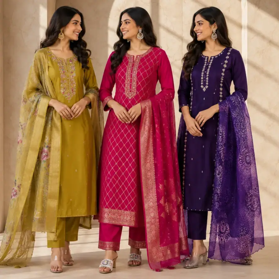 3 Women's Kurta Set with Dupatta | Comfortable Fit ( KS4 ) in As shown in photos
